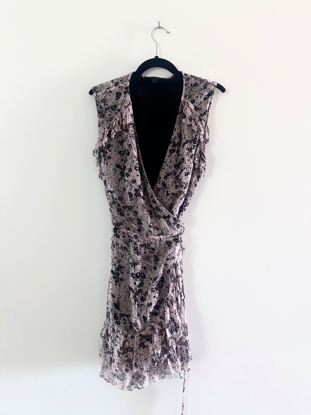AllSaints Priya Petal Chiffon Ruffle Wrap Mini Dress Pink Black Size Large - Picture 2 of 5